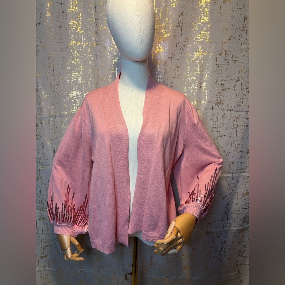Pink Open-Front Sweater with Sequin Detail